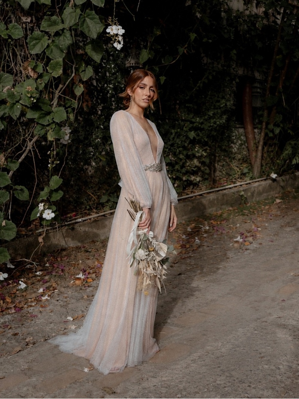 Blush Backless Tulle Wedding Dress with Sheer Long Sleeves